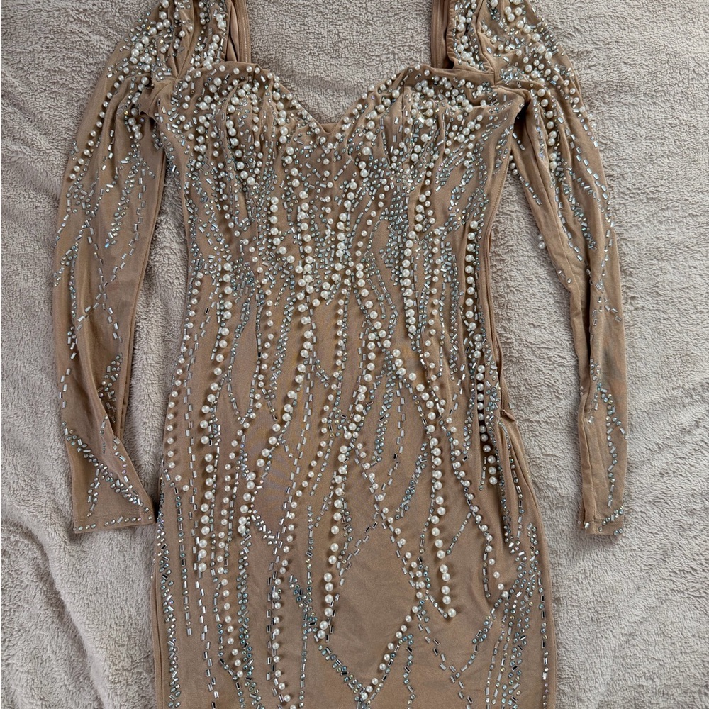 Elegant Tan Beaded Dress - Picture 2 of 3